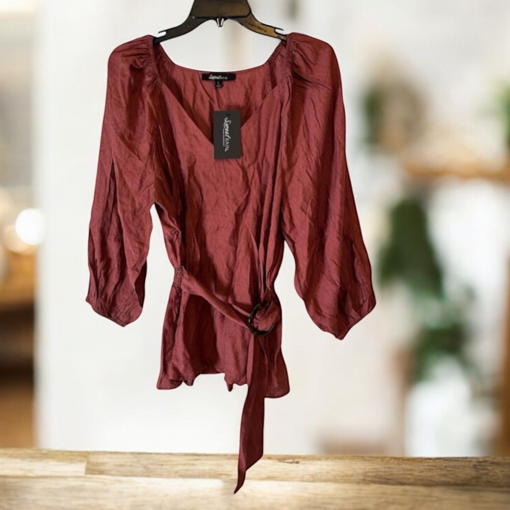 Sweet Rain Belted‎ Peasant Blouse Brown Long Sleeve Women’s Size L NWT
